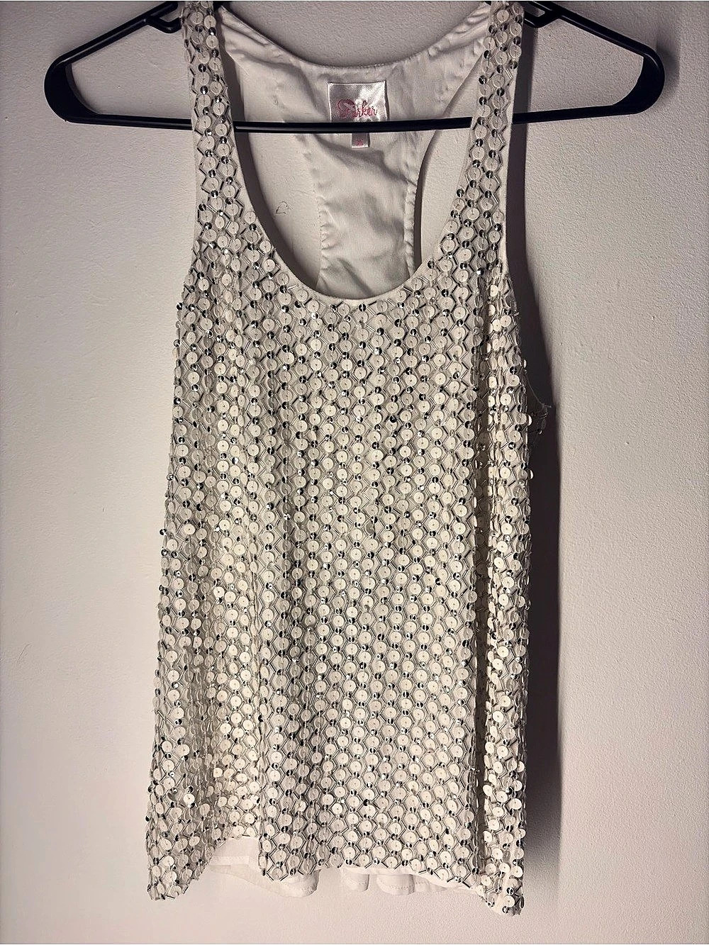 Parker Sequin Racerback Tank Top Silver & White XS